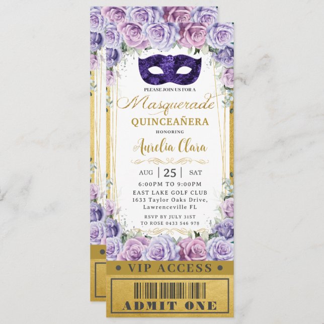 Invitación Entrada de Mascarada de Quinceañera Floral Lila Pú (Anverso / Reverso)