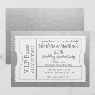 Invitación Entrada de pase VIP 25 Aniversario Falso Plata