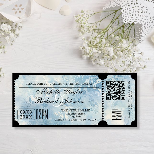 Invitación Entrada de película retro con código QR RSVP (BLUE DAMASK MOVIE TICKET
)