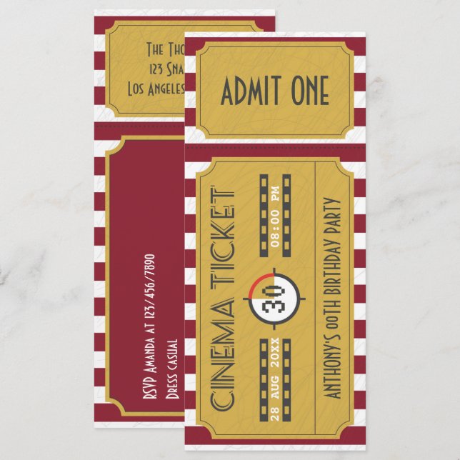 Invitación Entrada de película retro para cumpleaños de cualq (Anverso / Reverso)