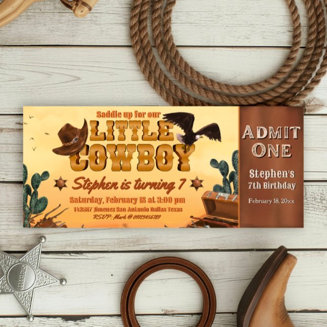 Invitación Entrada de pequeño vaquero (Little Cowboy -  Boy Birthday Ticket Invitation)