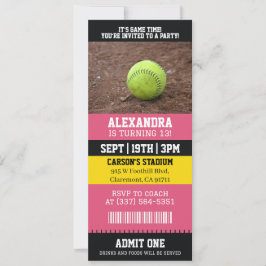 Invitación Entrada de Sóftbol Rosa Fiesta de Cumpleaños