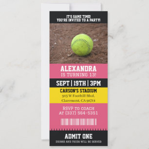 Invitación Entrada de Sóftbol Rosa Fiesta de Cumpleaños