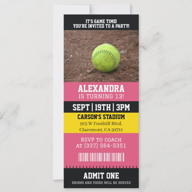 Invitación Entrada de Sóftbol Rosa Fiesta de Cumpleaños (Anverso)