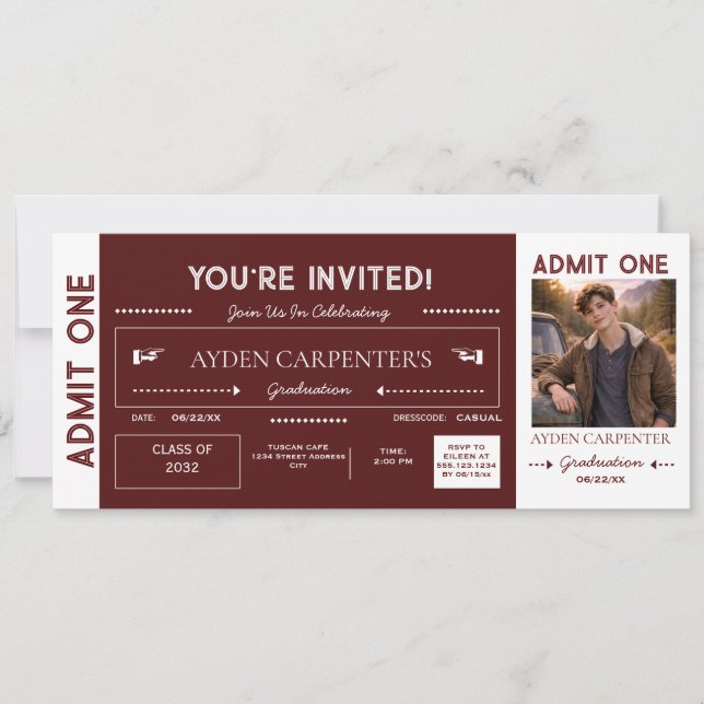 Invitación Entrada Falsa de Graduación Maroon & White | (Anverso)