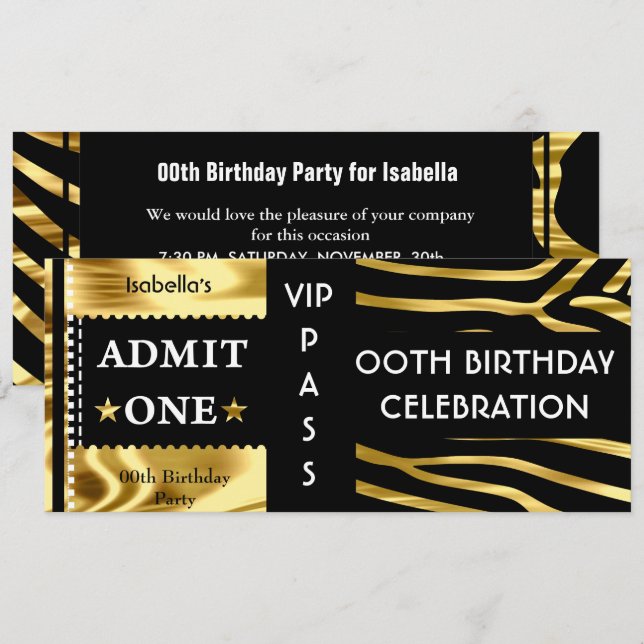 Invitación Entrada Fiesta de Cumpleaños Cebra Dorado Negro (Anverso / Reverso)