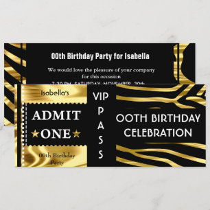Invitación Entrada Fiesta de Cumpleaños Cebra Dorado Negro
