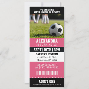 Invitación Entrada Niña Fútbol Rosa Fiesta Cumpleaños