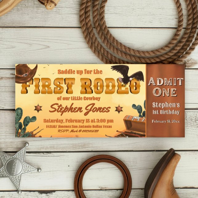 Invitación Entrada para el Primer Rodeo  (First Rodeo -  Boy 1st Birthday Cowboy Ticket Invitation)