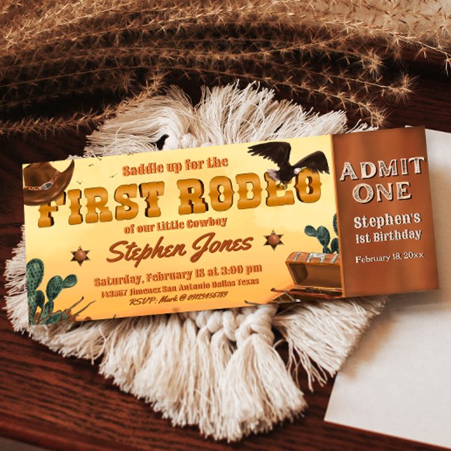 Invitación Entrada para el Primer Rodeo  (First Rodeo -  Boy 1st Birthday Cowboy Ticket Invitation)