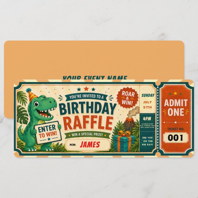 Invitación Entrada para el sorteo de cumpleaños de dinosaurio (Anverso / Reverso)