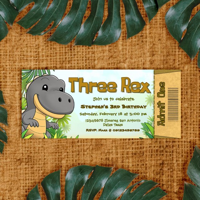 Invitación Entrada para el tercer cumpleaños de Three Rex Boy (Three Rex Boy 3rd Birthday Ticket Invitation)