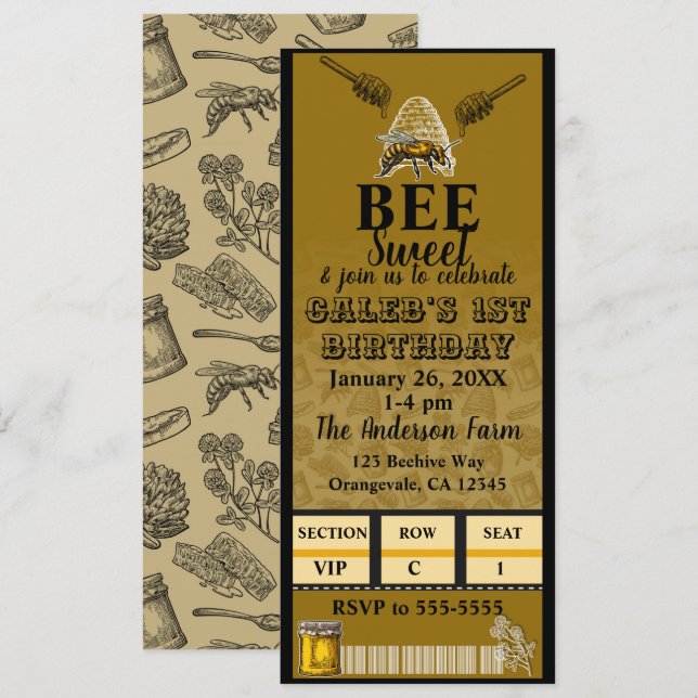 Invitación Entrada para fiesta de cumpleaños con colmena de a (Anverso / Reverso)