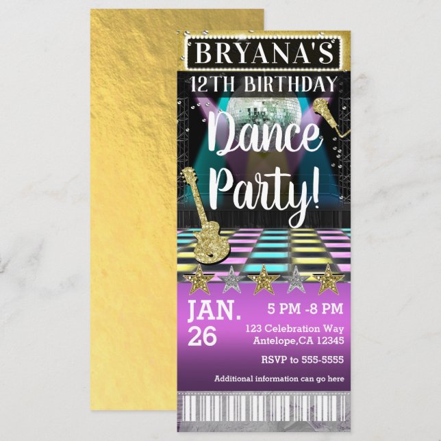 Invitación Entrada para fiesta de cumpleaños con pista de bai (Anverso / Reverso)