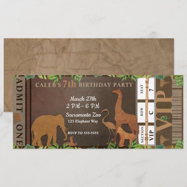 Invitación Entrada para Fiesta de Cumpleaños de Animales Marr (Anverso / Reverso)
