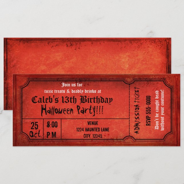 Invitación Entrada para Fiesta de Cumpleaños de Halloween Roj (Anverso / Reverso)