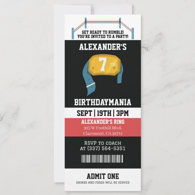 Invitación Entrada para fiesta de cumpleaños de lucha libre  (Anverso)