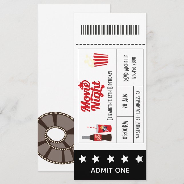 Invitación Entrada para fiesta de cumpleaños noche de cine re (Anverso / Reverso)