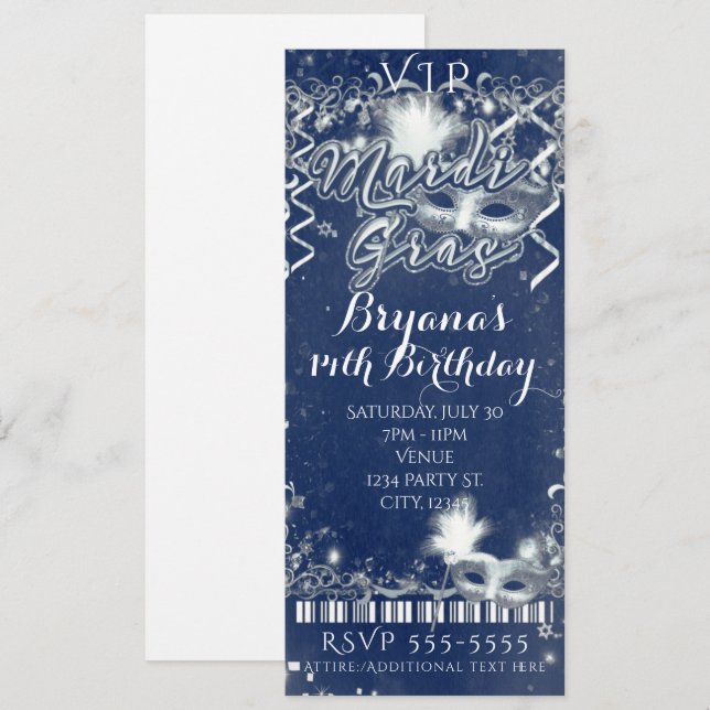 Invitación Entrada para Fiesta de Cumpleaños VIP Mardi Gras A (Anverso / Reverso)