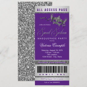 Invitación Entrada para Fiesta de Máscara Purple Silver Sweet
