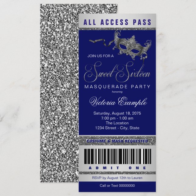 Invitación Entrada para Fiesta de Máscara Sweet 16 Blue Silve (Anverso / Reverso)