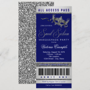 Invitación Entrada para Fiesta de Máscara Sweet 16 Blue Silve