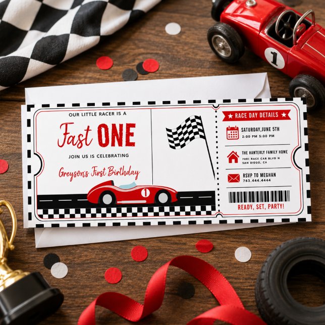 Invitación Entrada para la fiesta de cumpleaños número 1 del  (Fast One Race Car Boy 1st Birthday Party Ticket Invitation
)