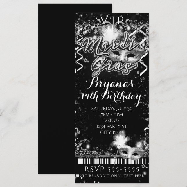 Invitación Entrada para la fiesta de cumpleaños VIP de Mardi  (Anverso / Reverso)