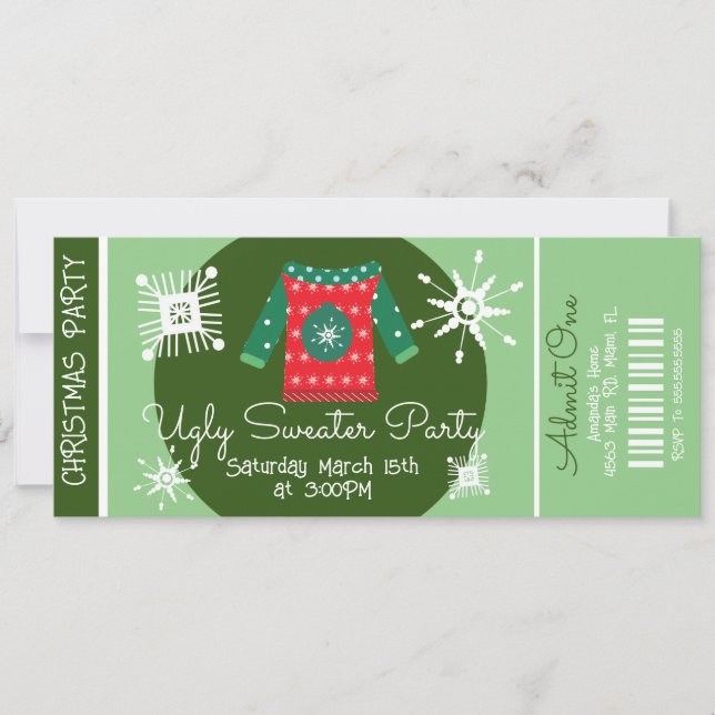 Invitación Entrada para la fiesta de Navidad con suéter feo e (Anverso)