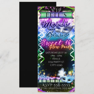 Invitación Entrada para la fiesta VIP SWEET 16 de Mardi Gras 