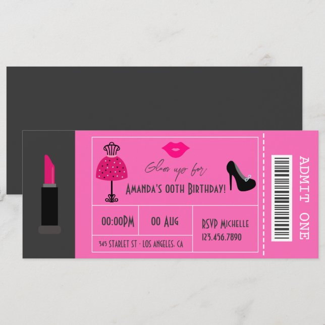 Invitación Entrada para la noche de fiesta de moda Glam para  (Anverso / Reverso)
