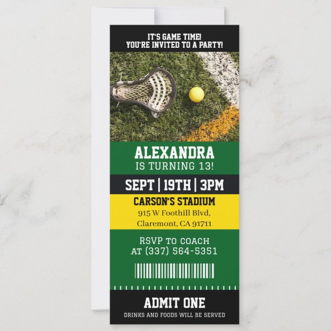 Invitación Entrada para Lacrosse Cumpleaños (Anverso)