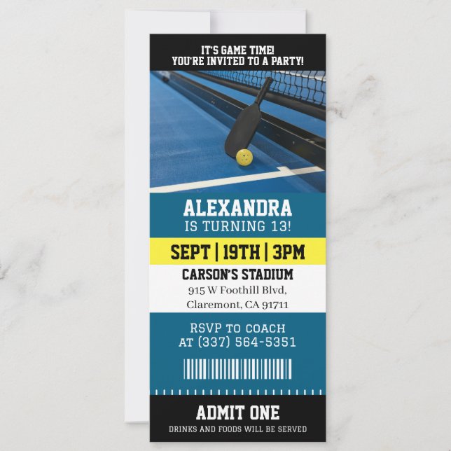 Invitación Entrada para Pickleball Cumpleaños (Anverso)