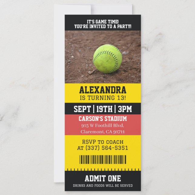 Invitación Entrada para Softbol Cumpleaños (Anverso)