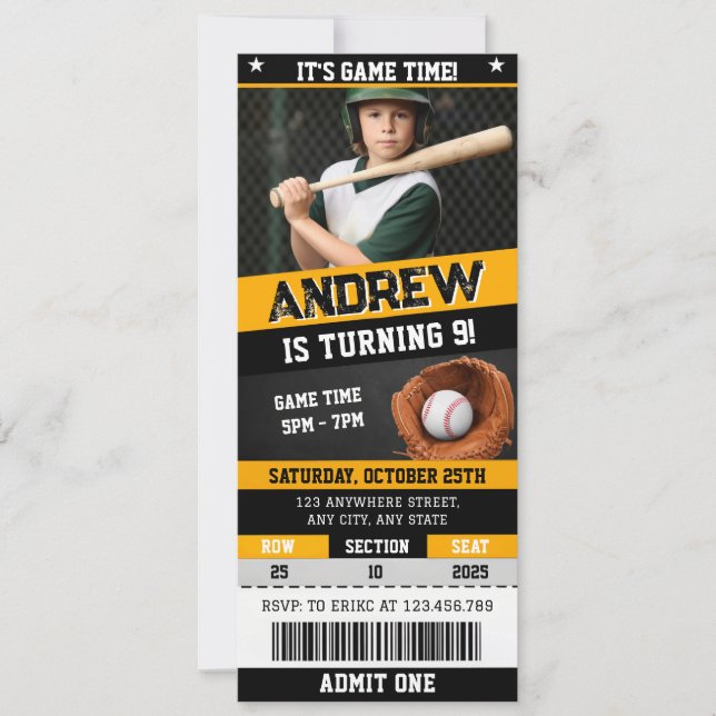 Invitación Entrada Personalizada de Béisbol de Cumpleaños con (Anverso)