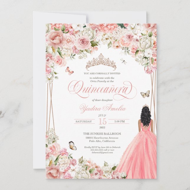 Invitación Entrada Quinceanera Rubor Floral blanca rosa y mar (Anverso)