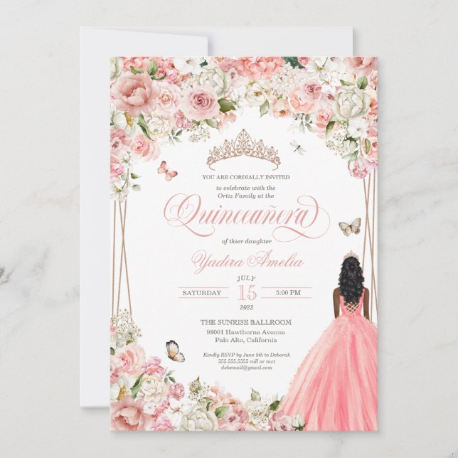 Invitación Entrada Quinceanera Rubor Floral blanca rosa y mar (Anverso)