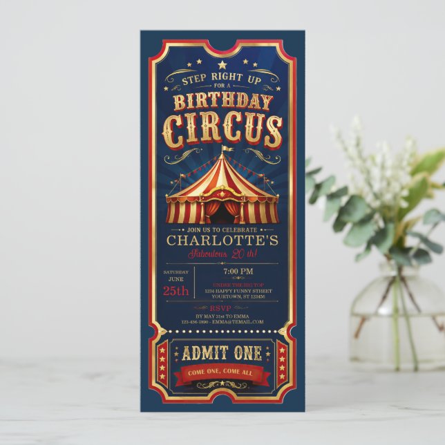 Invitación Entrada Única Cumpleaños Circo Vintage (Anverso de pie)