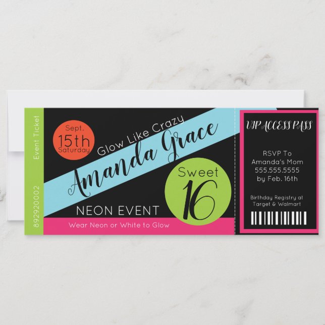 Invitación Entrada VIP Cumpleaños Dulces Dieciséis Resplandor (Anverso)