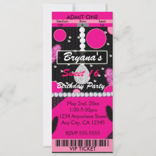 Invitación Entradas Cumpleaños Rosa Diamantes Plumas Sweet 16