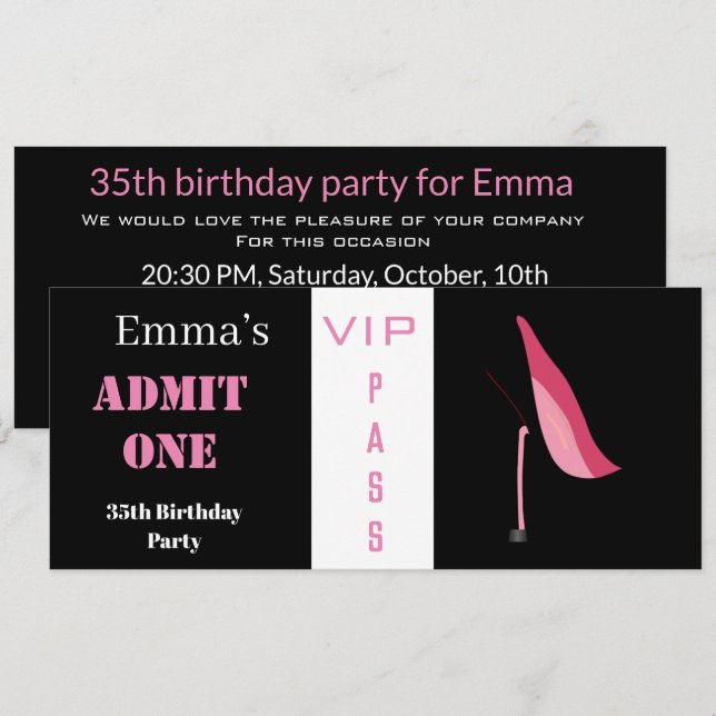 Invitación Entradas de admisión Mujeres Elegantes Rosa Negro (Anverso / Reverso)