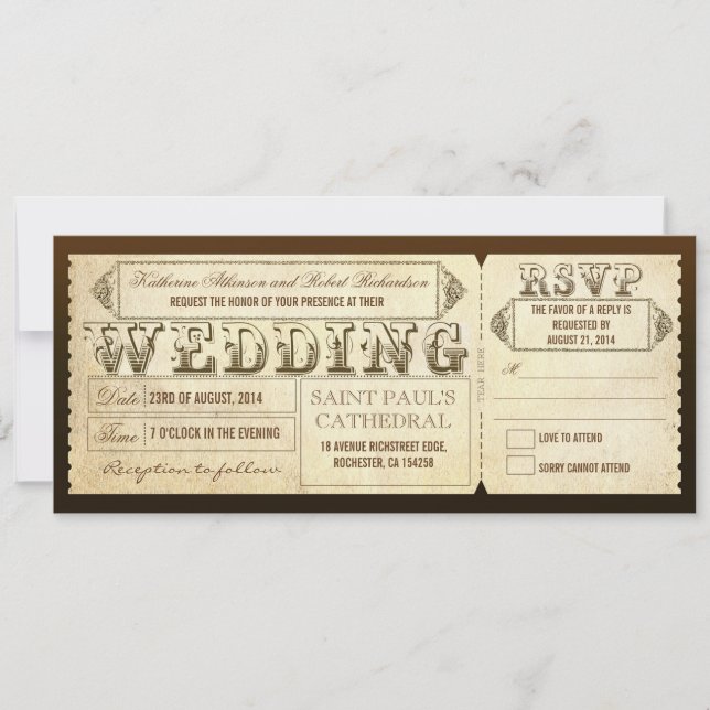 Invitación Entradas de boda antiguas con RSVP (Anverso)