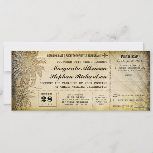 Invitación entradas de boda de destino con RSVP (Anverso)