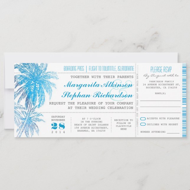 Invitación entradas de boda turquesa (Anverso)
