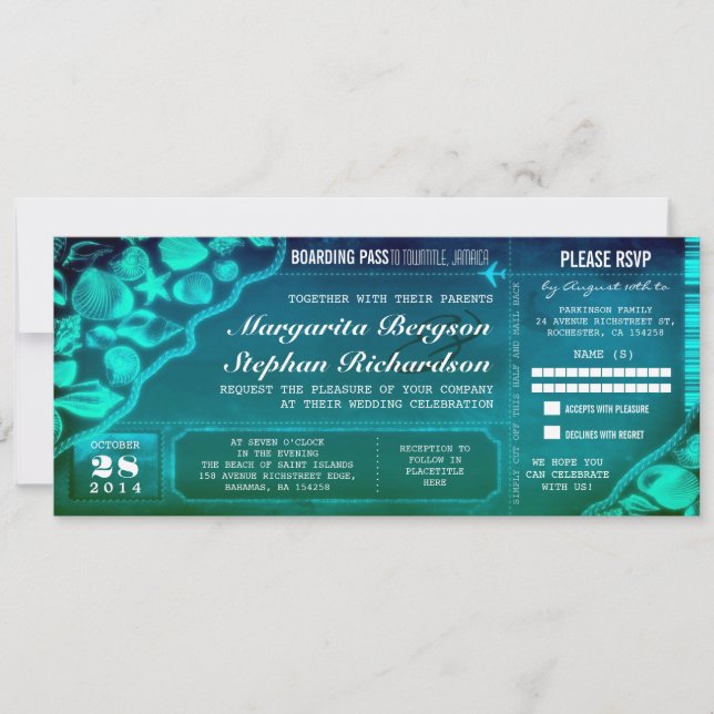 Invitación Entradas de bodas de destino Verde azulado tropica (Anverso)