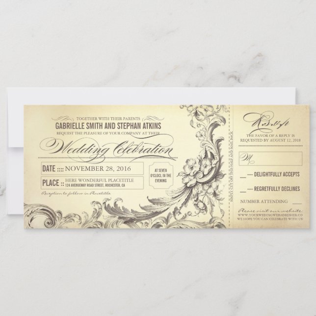 Invitación entradas de bodas vintage - florecimiento sofistic (Anverso)
