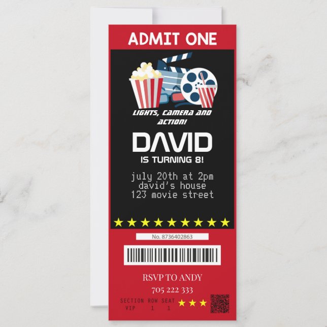Invitación Entradas de cumpleaños del Fiesta de cine Movie Ti (Anverso)