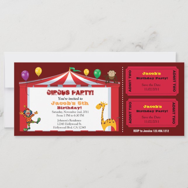 Invitación Entradas de cumpleaños para el circo de niños (Anverso)
