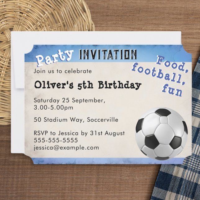 Invitación Entradas de Fútbol Retro con Tema de Fútbol (A fun customisable birthday party invitation with a retro football (soccer) theme)