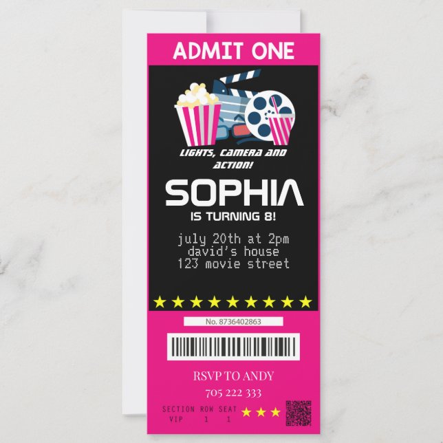 Invitación Entradas de película de chica Fiesta de cine Cumpl (Anverso)